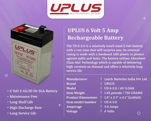 KISAN TORCH BATTERY 6V-5AH UPLUS BATTERY FOR EMERGENCY TORCH AND TOYS